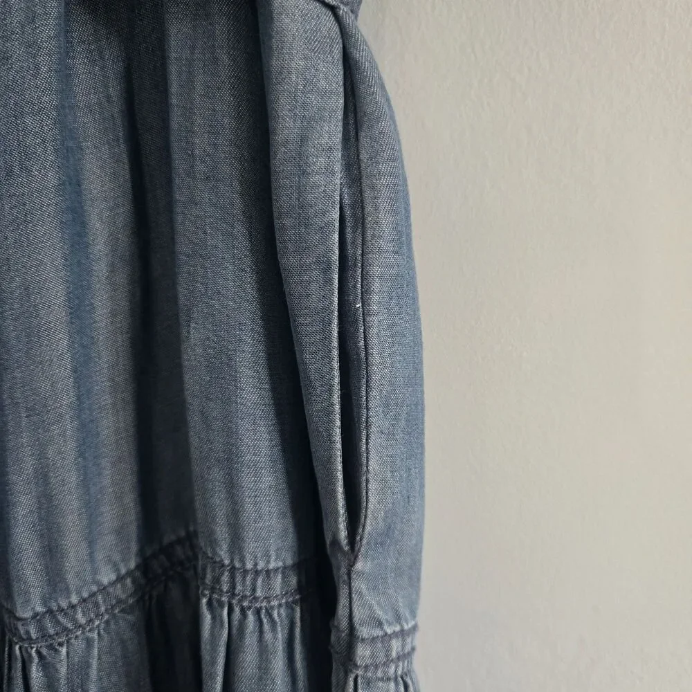 NWT Cato Midi Dress with Belt & Pockets Size M Tiered Skirt chambray-denim-look - Picture 7 of 10